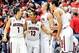 Nov 18, 2013; Tucson, AZ, USA; Arizona Wildcats guard Gabe York (1) guard Nick Johnson (13) forward Zach Peters (33) and forward Aaron Gordon (11) celebrate from the bench during the second half against the Fairleigh Dickinson Knights at McKale Center. Th
