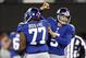Nov 25, 2012; East Rutherford, NJ, USA; New York Giants punter Steve Weatherford (5) celebrates a field goal with guard Kevin Boothe (77) during the first half against the Green Bay Packers at MetLife Stadium. Mandatory Credit: Mark L. Baer-USA TODAY Spo