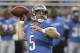 DETROIT - AUGUST 27: Drew Stanton #5 of the Detroit Lions drops back to pass in the third quarter of the game against the New England Patriots during the first quarter of the game at Ford Field on August 27, 2011 in Detroit, Michigan. The Lions defeated t