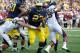 ANN ARBOR, MI - AUGUST 31: Derrick Green #27 of the Michigan Wolverines tries to avoid the tackle of Cody Lopez #51 of the Central Michigan Chippewas at Michigan Stadium on August 31, 2013 in Ann Arbor, Michigan. Michigan won the 59-9. (Photo by Gregory S