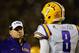 TUSCALOOSA, AL - NOVEMBER 09: Head coach Les Miles of the LSU Tigers looks on alongside Zach Mettenberger #8 of the LSU Tigers in the first quarter against the Alabama Crimson Tide during the game at Bryant-Denny Stadium on November 9, 2013 in Tuscaloosa,