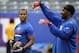 Sep 15, 2013; East Rutherford, NJ, USA; New York Giants wide receivers Victor Cruz (80, left) and Hakeem Nicks (88) warm up before the game against the Denver Broncos at MetLife Stadium. Mandatory Credit: Andrew Mills/THE STAR-LEDGER via USA TODAY Sports