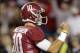 Nov 9, 2013; Tuscaloosa, AL, USA; Alabama Crimson Tide quarterback AJ McCarron (10) celebrates after a touchdown against the LSU Tigers during the fourth quarter at Bryant-Denny Stadium. Alabama defeated LSU 38-17. Mandatory Credit: John David Mercer-USA