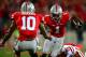 Oct 6, 2012; Columbus, OH, USA; Ohio State Buckeyes defensive back Bradley Roby (1) intercepts a pass in the second quarter against the Nebraska Cornhuskers at Ohio Stadium. Mandatory Credit: Andrew Weber-USA TODAY Sports