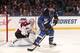 ST. LOUIS, MO - NOVEMBER 14: David Backes #42 of the St. Louis Blues handles the puck as Semyon Varlamov #1 of the Colorado Avalanche defends the net on November 14, 2013 at Scottrade Center in St. Louis, Missouri. (Photo by Mark Buckner/NHLI via Getty Im