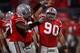 COLUMBUS, OH - NOVEMBER 18: Quinn Pitcock #90 and Jay Richardson #99 of the Ohio State Buckeyes celebrate against the Michigan Wolverines November 18, 2006 at Ohio Stadium in Columbus, Ohio. Ohio State won 42-39. (Photo by Gregory Shamus/Getty Images)