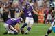 Oct 13, 2013; Minneapolis, MN, USA; Minnesota Vikings kicker Blair Walsh (3) kicks a 22 yard field goal against the Carolina Panthers as punter Jeff Locke (18) holds in the second quarter at Mall of America Field at H.H.H. Metrodome. Panthers win 35-10. M