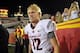September 7, 2013; Los Angeles, CA, USA; Washington State Cougars quarterback Connor Halliday (12) celebrates the 10-7 victory against the Southern California Trojans at the Los Angeles Memorial Coliseum. Mandatory Credit: Gary A. Vasquez-USA TODAY Sports