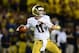 Sep 7, 2013; Ann Arbor, MI, USA; Notre Dame Fighting Irish quarterback Tommy Rees (11) throws a pass during the second quarter against the Michigan Wolverines at Michigan Stadium. Mandatory Credit: Andrew Weber-USA TODAY Sports