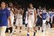 Nov 29, 2013; Paradise Island, BAHAMAS; Kansas Jayhawks players walk off the court after losing to the Villanova Wildcats at the 2013 Battle 4 Atlantis in the Imperial Arena at the Atlantis Resort. Villanova won 63-59. Mandatory Credit: Kevin Jairaj-USA T