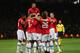 MANCHESTER, ENGLAND - OCTOBER 23: Wayne Rooney of Manchester United celebrates with his team-mates after Inigo Martinez of Real Sociedad scored an own goal to make the score 1-0 during the UEFA Champions League Group A match between Manchester United and