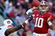 TUSCALOOSA, AL - NOVEMBER 24: AJ McCarron #10 of the Alabama Crimson Tide passes the ball against pressure by Dee Ford #95 of the Auburn Tigers at Bryant-Denny Stadium on November 24, 2012 in Tuscaloosa, Alabama. (Photo by Kevin C. Cox/Getty Images)