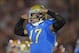 Nov 30, 2013; Los Angeles, CA, USA; UCLA Bruins quarterback Brett Hundley (17) celebrates after a touchdown in the first quarter against the Southern California Trojans at Los Angeles Memorial Coliseum. Mandatory Credit: Kirby Lee-USA TODAY Sports