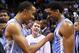 Nov 24, 2013; Uncasville, CT, USA; North Carolina Tar Heels forward Brice Johnson (11) and forward James Michael McAdoo (right) celebrate their 93-84 win over the Louisville Cardinals at Mohegan Sun Arena. Mandatory Credit: Mark L. Baer-USA TODAY Sports