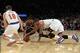 Nov 20, 2013; New York, NY, USA; Indiana Pacers small forward Paul George (24) and New York Knicks power forward Kenyon Martin (3) scramble for a loose ball in front of Knicks point guard Beno Udrih (18) during the overtime period at Madison Square Garden