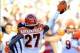 Dec 1, 2013; San Diego, CA, USA; Cincinnati Bengals cornerback Dre Kirkpatrick (27) reacts after a turnover during the second half against the San Diego Chargers at Qualcomm Stadium. The Bengals won 17-10. Mandatory Credit: Christopher Hanewinckel-USA TOD