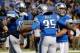 DETROIT, MI - NOVEMBER 28: Calvin Johnson #81 of the Detroit Lions celebrates a third quarter touchdown with Joique Bell #35 and Matthew Stafford #9 at Ford Field on November 28, 2013 in Detroit, Michigan. (Photo by Gregory Shamus/Getty Images)