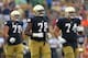 SOUTH BEND, IN - AUGUST 31: (L-R) Zack Martin #70, Ronnie Stanley #78 and Christian Lombard #74 of the Notre Dame Fighting Irish line-up for a play against the Temple Owls at Notre Dame Stadium on August 31, 2013 in South Bend, Indiana. Notre Dame defeate
