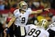 Nov 21, 2013; Atlanta, GA, USA; New Orleans Saints quarterback Drew Brees (9) calls a play against the Atlanta Falcons during the second half at the Georgia Dome. The Saints defeated the Falcons 17-13. Mandatory Credit: Dale Zanine-USA TODAY Sports