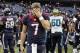 Nov 24, 2013; Houston, TX, USA; Houston Texans quarterback Case Keenum (7) walks off the field after a game against the Jacksonville Jaguars at Reliant Stadium. The Jaguars defeated the Texans 13-6. Mandatory Credit: Troy Taormina-USA TODAY Sports