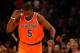 Nov 16, 2013; New York, NY, USA; New York Knicks shooting guard Tim Hardaway Jr. (5) gestures after scoring a three point basket during the first quarter against the Atlanta Hawks at Madison Square Garden. Mandatory Credit: Anthony Gruppuso-USA TODAY Spo