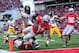 Oct 19, 2013; Columbus, OH, USA; Ohio State Buckeyes running back Carlos Hyde (34) dives into the end zone for a touchdown during the fourth quarter against the Iowa Hawkeyes at Ohio Stadium. Mandatory Credit: Andrew Weber-USA TODAY Sports