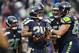 Nov 17, 2013; Seattle, WA, USA; Seattle Seahawks running back Marshawn Lynch (24) is congratulated by Seattle Seahawks center Max Unger (60) and Seattle Seahawks tackle Breno Giacomini (68) after making a touchdown reception against the Minnesota Vikings