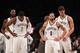 NEW YORK, NY - APRIL 22: (L-R) Joe Johnson #7, Deron Williams #8 and Brook Lopez #11 of the Brooklyn Nets wait for a refs call in the closing minutes of their loss to the Chicago Bulls during Game Two of the Eastern Conference Quarterfinals of the 2013 NB