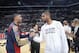 SAN ANTONIO, TX - November 25: Tim Duncan #21 of the San Antonio Spurs greets Anthony Davis #23 of the New Orleans Pelicans during the game at the AT&T Center on November 25, 2013 in San Antonio, Texas. NOTE TO USER: User expressly acknowledges and agrees
