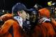 AUBURN, AL - NOVEMBER 30: Chris Davis #11 of the Auburn Tigers celebrates with coaching staff after scoring the winning touchdown to defeat the Alabama Crimson Tide 34 to 28 at Jordan-Hare Stadium on November 30, 2013 in Auburn, Alabama. (Photo by Kevin