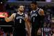 January 4, 2013; Washington, DC, USA; Brooklyn Nets point guard Deron Williams (8) talks with Nets shooting guard Joe Johnson (7) against the Washington Wizards in overtime at Verizon Center. The Nets won in double overtime 115-113. Mandatory Credit: Geo