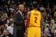 CLEVELAND, OH - APRIL 15: Head coach Byron Scott of the Cleveland Cavaliers discusses the game with Kyrie Irving #2 during a break in the action against the Miami Heat at The Quicken Loans Arena on April 15, 2013 in Cleveland, Ohio. NOTE TO USER: User ex