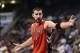 Nov 20, 2013; Philadelphia, PA, USA; Toronto Raptors center Jonas Valanciunas (17) looks for a call at the end of the second quarter against the Philadelphia 76ers at Wells Fargo Center. Mandatory Credit: Howard Smith-USA TODAY Sports