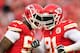 KANSAS CITY, MO - OCTOBER 20: Outside linebacker Tamba Hali #91 of the Kansas City Chiefs is congratulated by outside linebacker Justin Houston #50 after sacking quarterback Case Keenum #7 of the Houston Texans late in the 2nd half of the game at Arrowhe