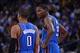November 14, 2013; Oakland, CA, USA; Oklahoma City Thunder small forward Kevin Durant (35, right) talks to point guard Russell Westbrook (0) against the Golden State Warriors during the third quarter at Oracle Arena. The Warriors defeated the Thunder 116-