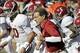 Nov 30, 2013; Auburn, AL, USA; Alabama Crimson Tide quarterback AJ McCarron (10) and head coach Nick Saban run during warm ups prior to the game against the Auburn Tigers at Jordan Hare Stadium. Mandatory Credit: John Reed-USA TODAY Sports