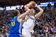 Nov 27, 2013; Dallas, TX, USA; Golden State Warriors power forward David Lee (10) guards Dallas Mavericks power forward Dirk Nowitzki (41) during the first quarter at the American Airlines Center. Mandatory Credit: Jerome Miron-USA TODAY Sports