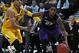 Nov 28, 2013; Las Vegas, NV, USA; Northwestern Wildcats guard JerShon Cobb (23) dribbles the ball past Missouri Tigers guard Jordan Clarkson (5) during the Las Vegas Invitational tournament at the Orleans Arena. Missouri won the game 78-67. Mandatory Cred