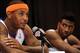 Sep 30, 2013; Tarrytown, NY, USA; New York Knicks small forward Carmelo Anthony (7) and small forward Iman Shumpert (21) answer questions during media day at MSG Training Center. Mandatory Credit: Joe Camporeale-USA TODAY Sports