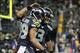Dec 2, 2013; Seattle, WA, USA; Seattle Seahawks quarterback Russell Wilson (3) celebrates with wide receiver Doug Baldwin (89) after teaming up on a touchdown pass against the New Orleans Saints during the second quarter at CenturyLink Field. Mandatory Cr