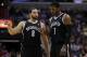 January 4, 2013; Washington, DC, USA; Brooklyn Nets point guard Deron Williams (8) talks with Nets shooting guard Joe Johnson (7) against the Washington Wizards in overtime at Verizon Center. The Nets won in double overtime 115-113. Mandatory Credit: Geo