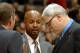LOS ANGELES - DECEMBER 16: Assistant coach Brian Shaw (center) speaks with head coach Phil Jackson of the Los Angeles Lakers during the game against the Washington Wizards on December 16, 2005 at Staples Center in Los Angeles, California. The Wizards wo