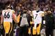 BALTIMORE, MD - NOVEMBER 28: David DeCastro #66 and Ben Roethlisberger #7 stand next to head coach Mike Tomlin of the Pittsburgh Steelers after they failed to convert a two point attempt during the closing moments of their 22-20 loss to the Baltimore Ra