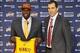 Jun 28, 2013; Independence, OH, USA; Cleveland Cavaliers first round pick Anthony Bennett (12) is introduced by general manager Chris Grant during a press conference at Cleveland Clinic Courts. Mandatory Credit: David Richard-USA TODAY Sports
