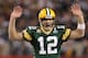ARLINGTON, TX - FEBRUARY 06: Quarterback Aaron Rodgers #12 of the Green Bay Packers calls out from under center against the Pittsburgh Steelers during Super Bowl XLV at Cowboys Stadium on February 6, 2011 in Arlington, Texas. (Photo by Jamie Squire/Gett
