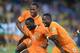 RUSTENBURG, SOUTH AFRICA - JANUARY 26, Yaya Toure (M) of Ivory Coast celebrates scoring a goal with Didier Drogba and Max Gradel during the 2013 African Cup of Nations match between Ivory Coast and Tunisia at Royal Bafokeng Stadium on January 26, 2013 in
