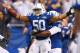 INDIANAPOLIS, IN - DECEMBER 01: Jerrell Freeman #50 of the Indianapolis Colts celebrates a fourth quarter interception with Ricardo Mathews #91 while playing the Tennessee Titans at Lucas Oil Stadium on December 1, 2013 in Indianapolis, Indiana. Indianapo