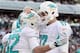 Dec 1, 2013; East Rutherford, NJ, USA; Miami Dolphins wide receiver Brian Hartline (82) and quarterback Ryan Tannehill (17) celebrate after scoring a touchdown against the New York Jets during the third quarter of a game at MetLife Stadium. The Dolphins d