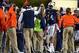 Nov 30, 2013; Auburn, AL, USA; Auburn Tigers quarterback Nick Marshall (14) is congratulated by head coach Gus Malzahn on the sideline against the Alabama Crimson Tide at Jordan Hare Stadium. Mandatory Credit: RVR Photos-USA TODAY Sports