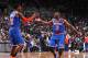 NEW YORK, NY - DECEMBER 5: Teammates Iman Shumpert #21 of the New York Knicks and Raymond Felton #2 of the New York Knicks high five during a game against the Brooklyn Nets at Barclays Center on December 5, 2013 in the Brooklyn borough of New York City.